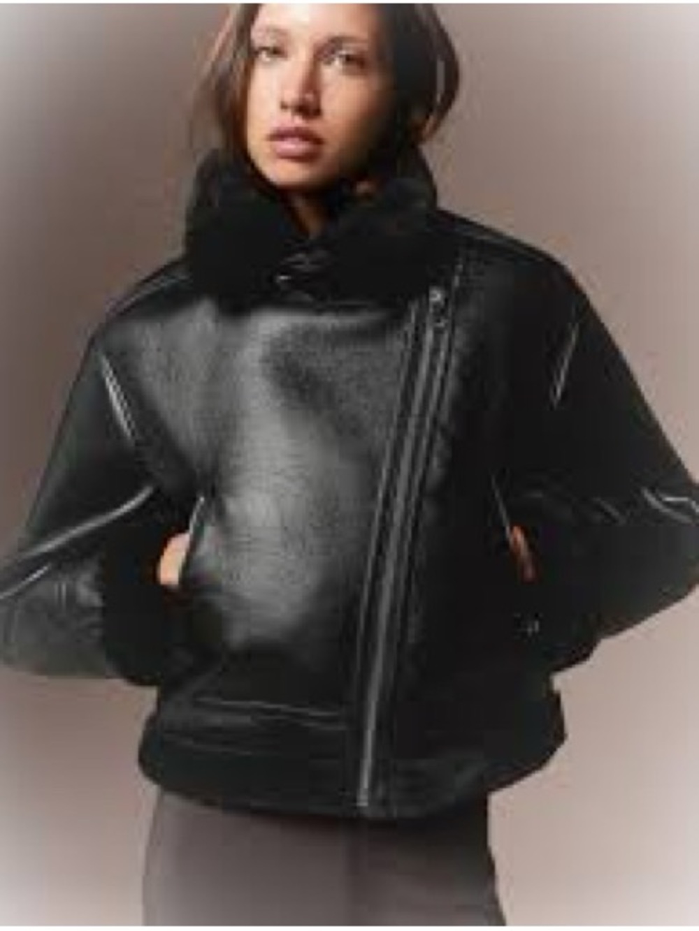 Bershka Black Faux Leather Jacket with Fur Trim